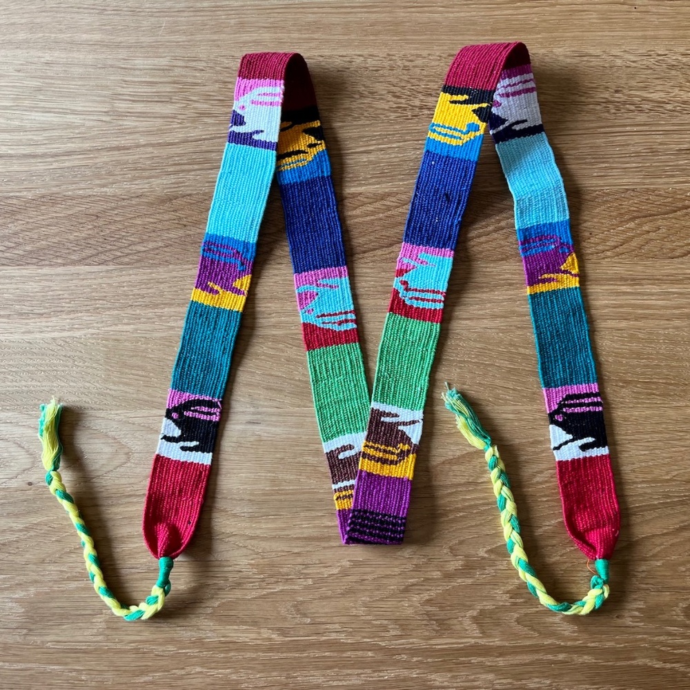 Hand Woven Guatemalan Mayan Cotton Tie Belt Rabbits Colorful Boho Hippie
